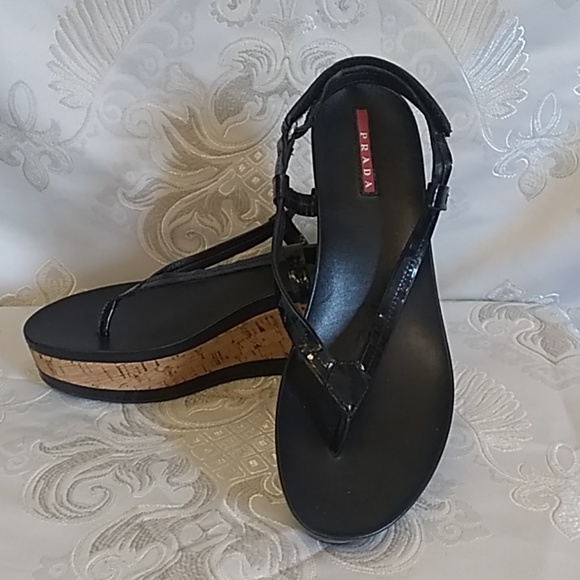 Prada Shoes - Prada Patent Leather wedge Sandals. Size 8.5